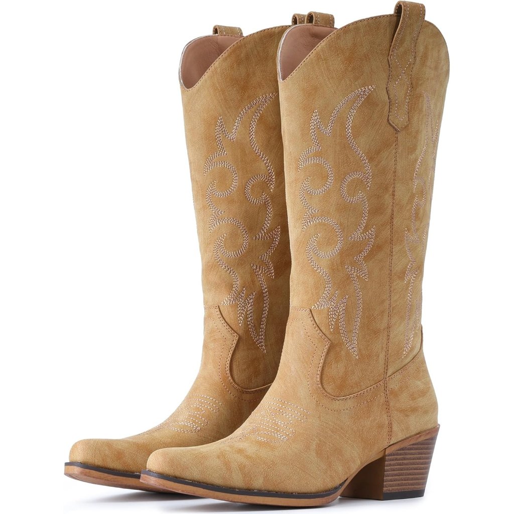 Women's Brown Western Cowgirl Boots Mid Calf Snip Toe Boot With Chunky Heel